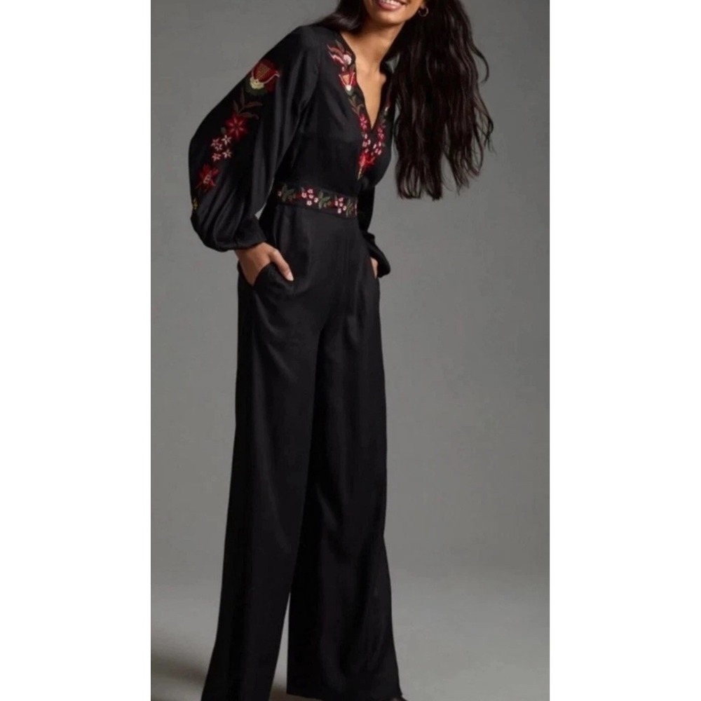 Farm Rio Anthropologie Black Embroidered Wide‎ Leg Jumpsuit XS